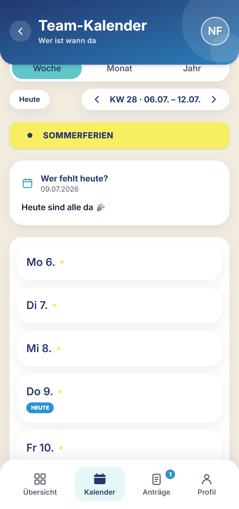 Team-Kalender der Schichtfix-App auf dem Smartphone: Wochenansicht